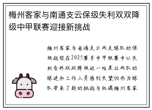 梅州客家与南通支云保级失利双双降级中甲联赛迎接新挑战