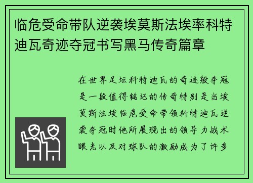 临危受命带队逆袭埃莫斯法埃率科特迪瓦奇迹夺冠书写黑马传奇篇章
